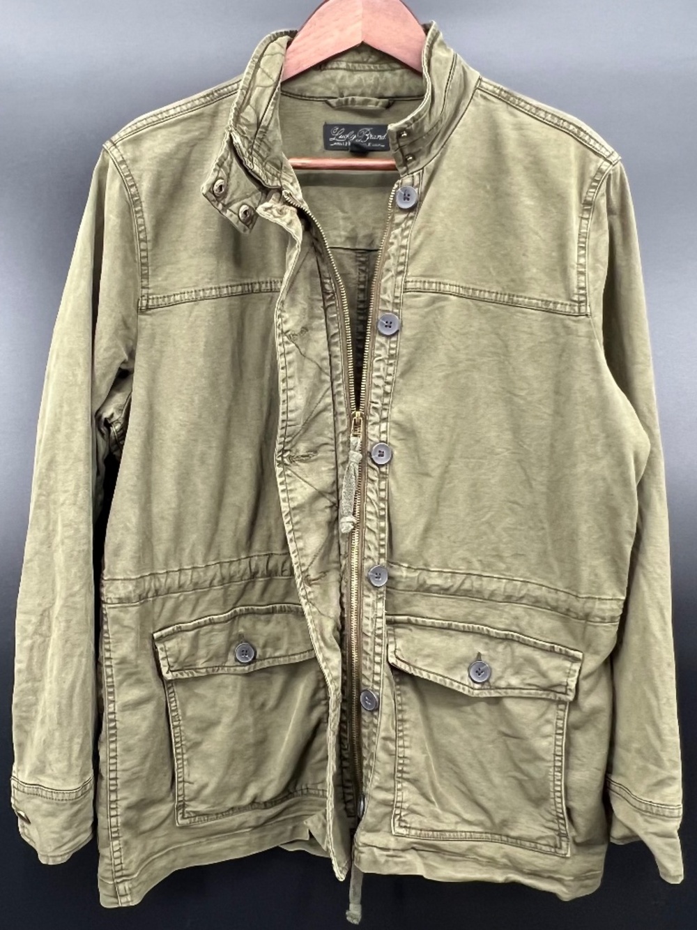 Lucky Brand Jacket Womens Large Green Twill Military Zip Pockets Drawstring EUC